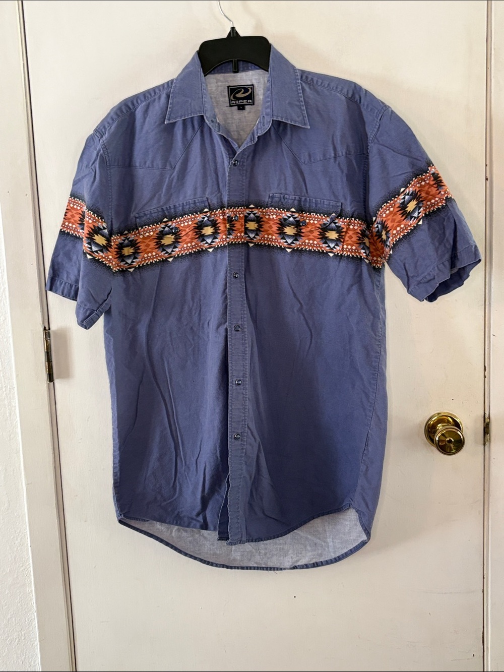 Vintage Roper blue short sleeve western shirt southwestern stripe Size Large